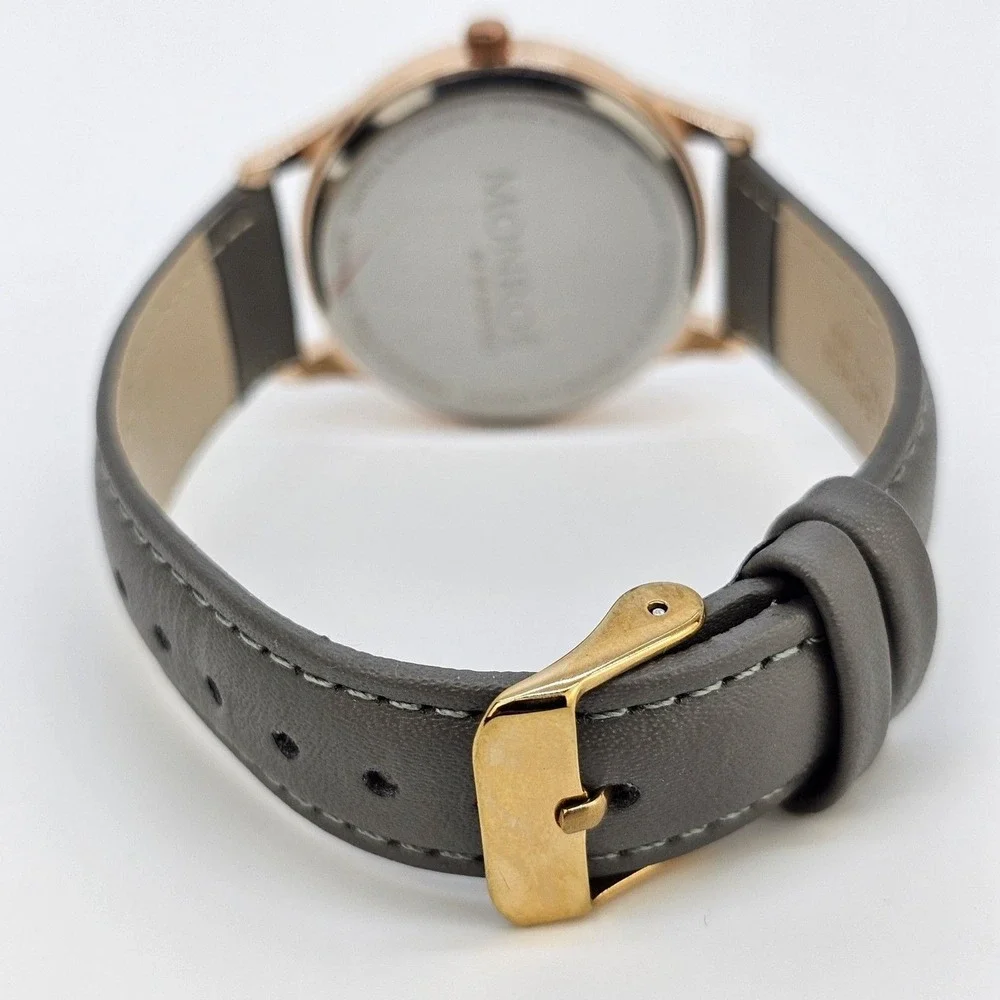 Monroe by Maestro Women Watch 36MM Gold Dial Gray Leather Band Straps NewBattery